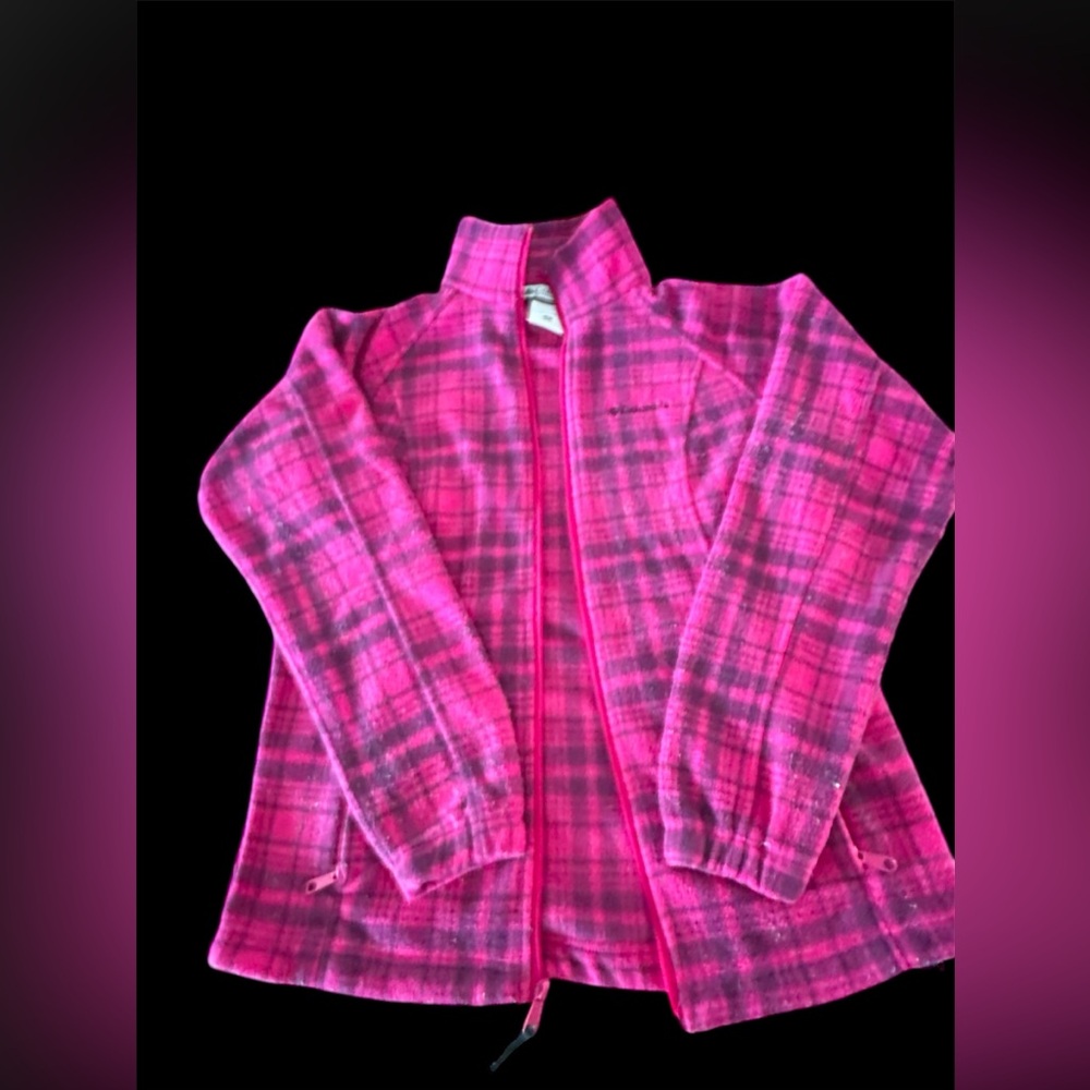Women’s Columbia fleece zip up, pinkish/purplish plaid, small